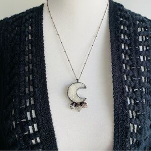 Druzy Crescent Moon Necklace with Herkimer Diamond Starburst